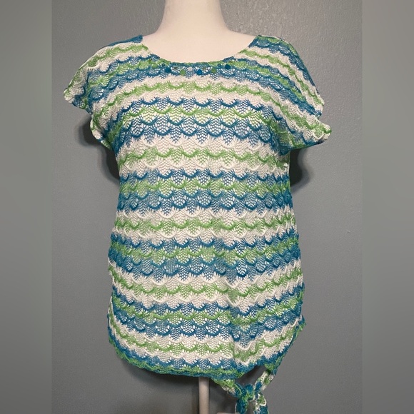Alfred Dunner Tops - Alfred Dunner Open Knit Crochet Top Blue Green Stripe Coastal Grandma Large